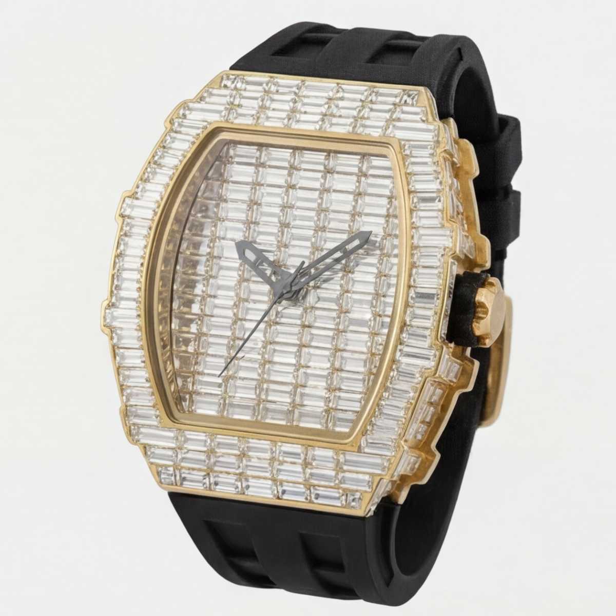Trillionaire Watch 3 Gold — Orologio al quarzo da uomo tonneau con cristalli taglio baguette e cinturino in gomma