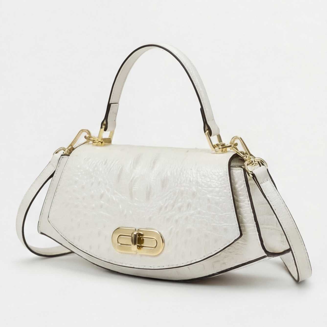 Crokky 4 White — Bolso de mano estilo saddle con bandolera en piel vegana efecto cocodrilo