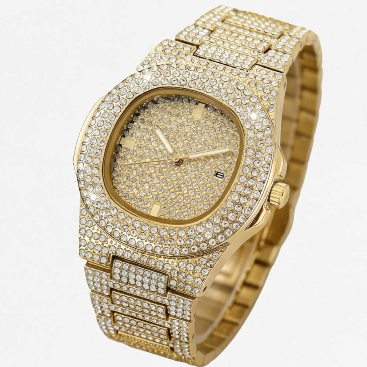 Trillionaire Watch 1 Gold — Men's Full Pavé Stainless Steel Quartz Watch with Date Display