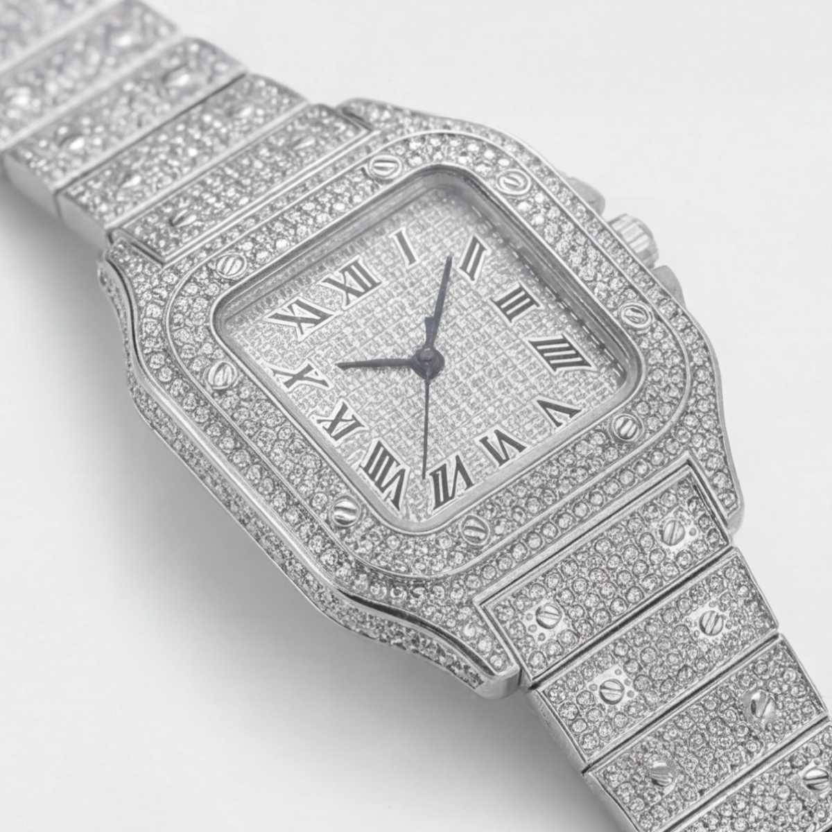 Trillionaire Watch 2 Silver — Firkantet pavé kvarts-herreur med romertal