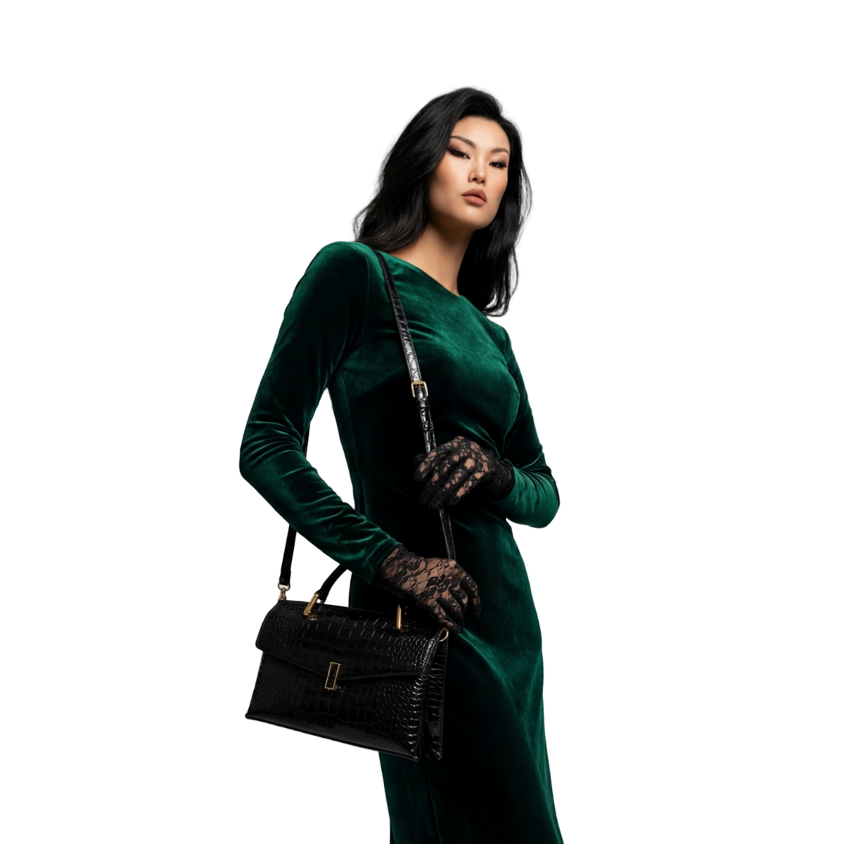 Crokky 2 Black — Håndveske i ekte skinn med krokodillepreg og skulderrem