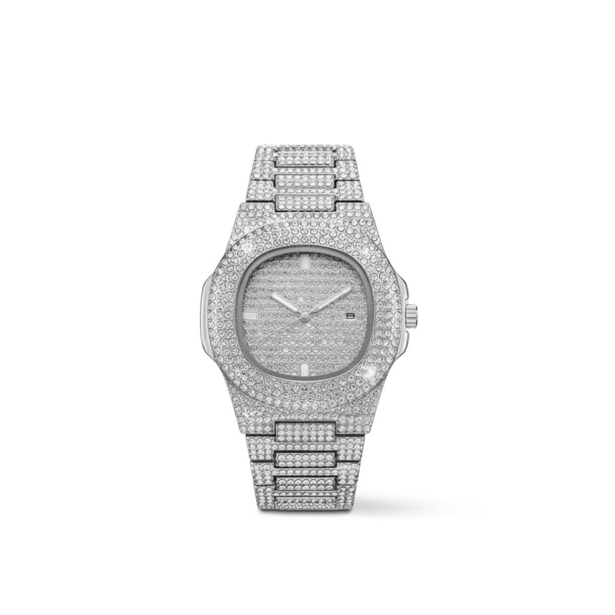 Trillionaire Watch 1 Silver — Men's Full Pavé Stainless Steel Quartz Watch with Date Display — Color=Silver
