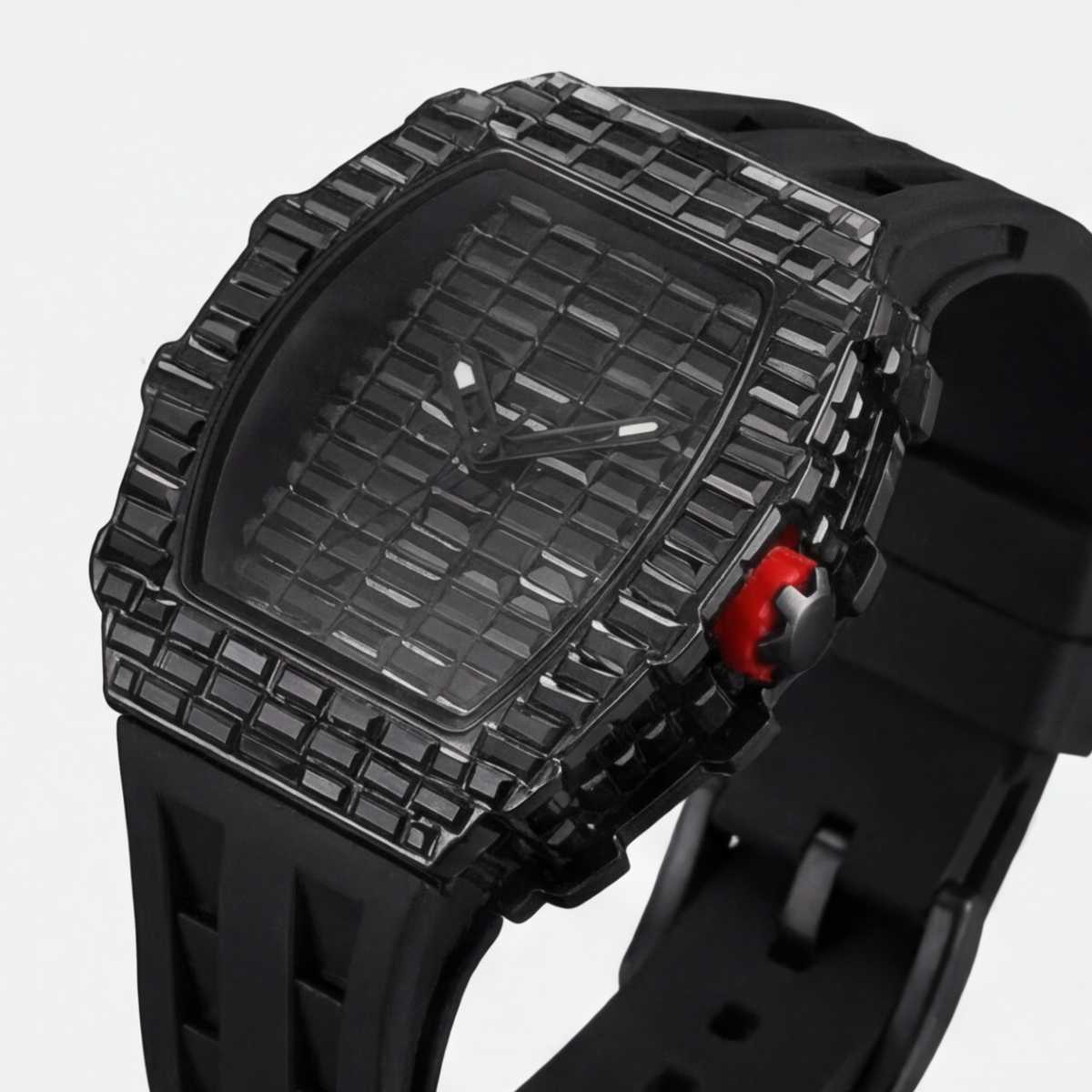 Trillionaire Watch 3 Black — Tonneau-Herren-Quarzuhr mit Baguette-Kristallen und Kautschukarmband
