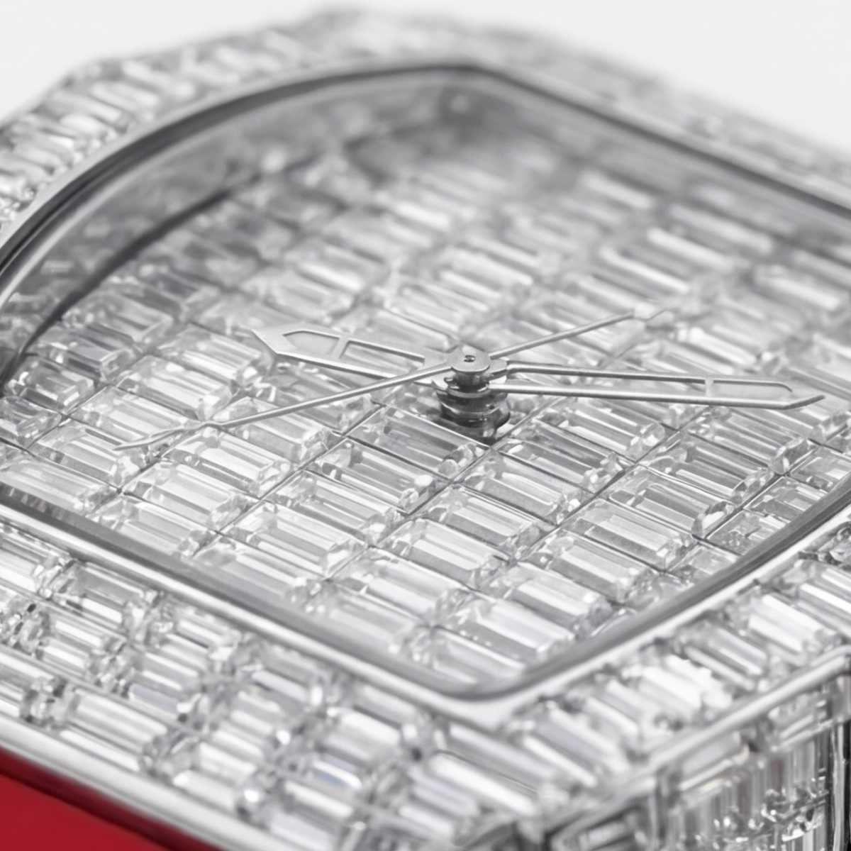 Trillionaire Watch 3 Silver — Tonneau-Herren-Quarzuhr mit Baguette-Kristallen und rotem Kautschukarmband