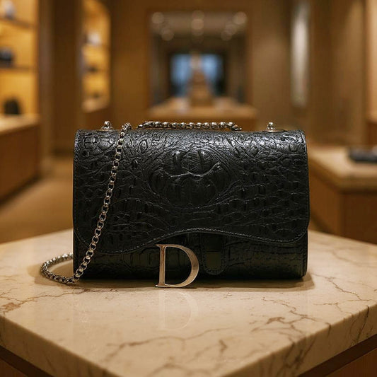 Black Saddle Signature Bag – Crocodile-Embossed Microfiber Shoulder Elegance