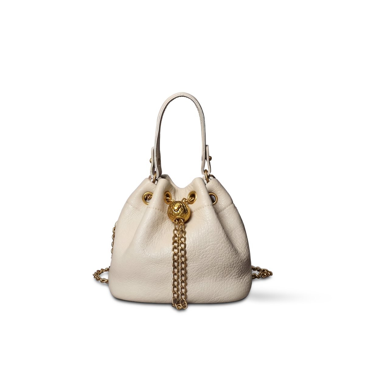 Prysm 1 Beige — Genuine Leather Chain Strap Bucket Bag — Color=Beige