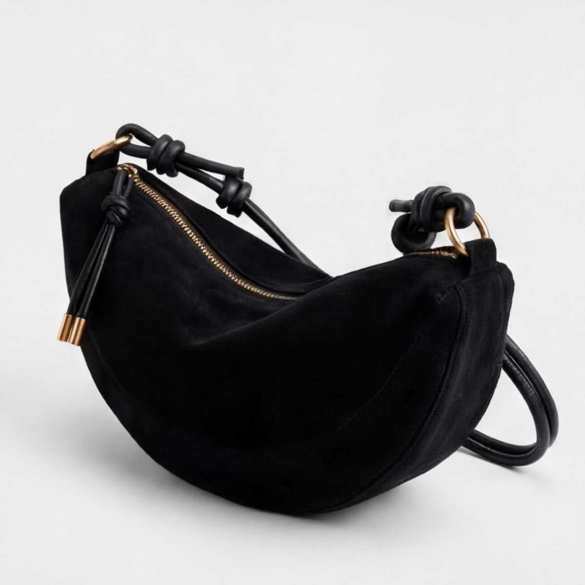 Suedy-L 1 Black — Torebka hobo przez ramię z wegańskiej skóry o wyglądzie zamszu z wiązanym paskiem