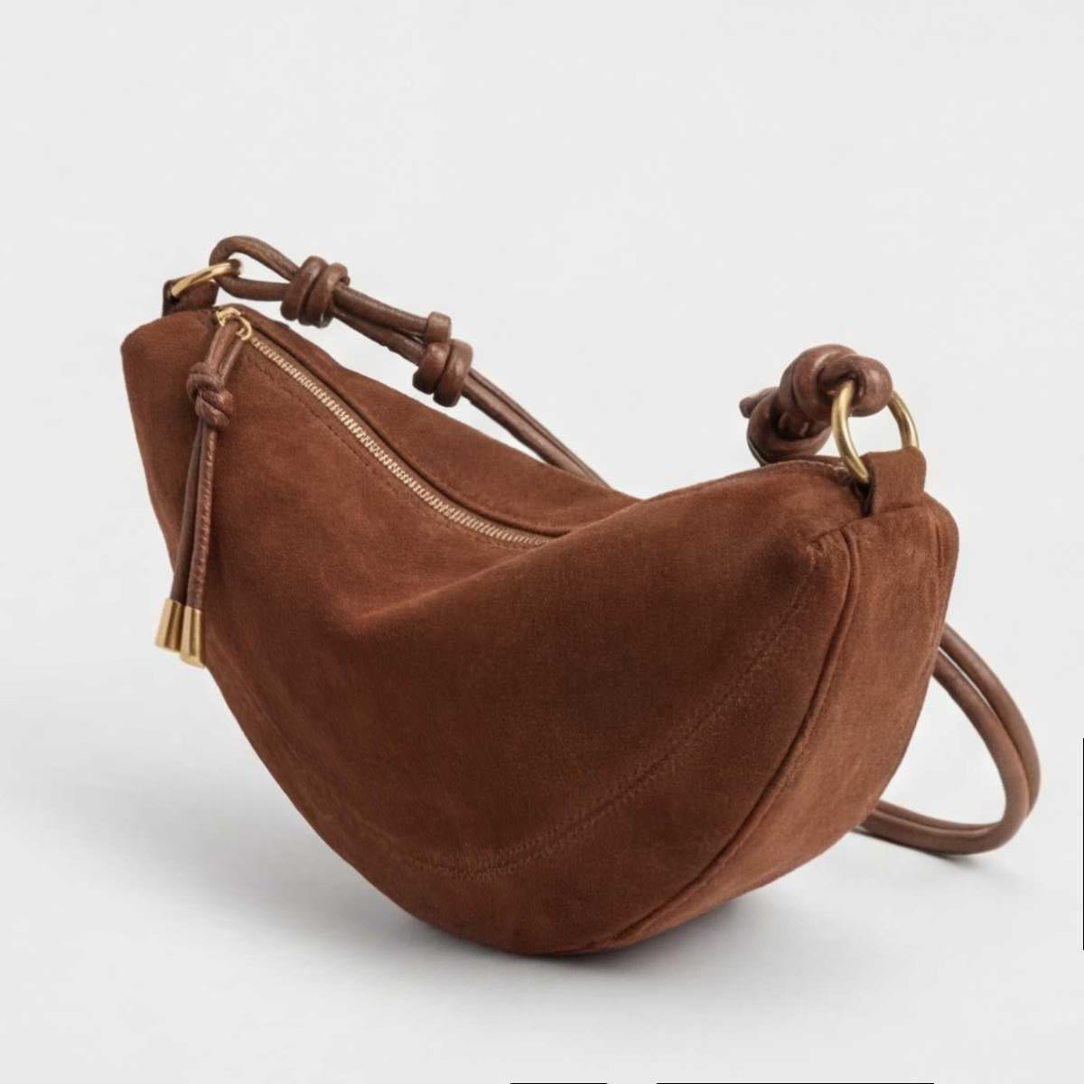 Suedy-L 1 Brown — Sac hobo porté croisé en cuir végétalien effet daim à bandoulière nouée