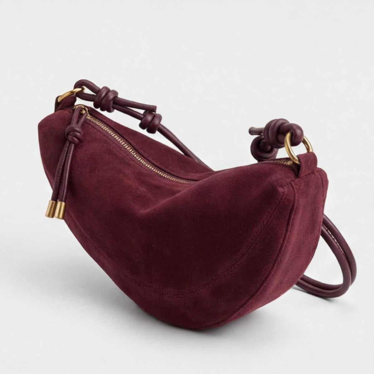 Suedy-L 1 WineRed — Hobo-Umhängetasche aus veganem Leder in Wildlederoptik mit geknotetem Riemen