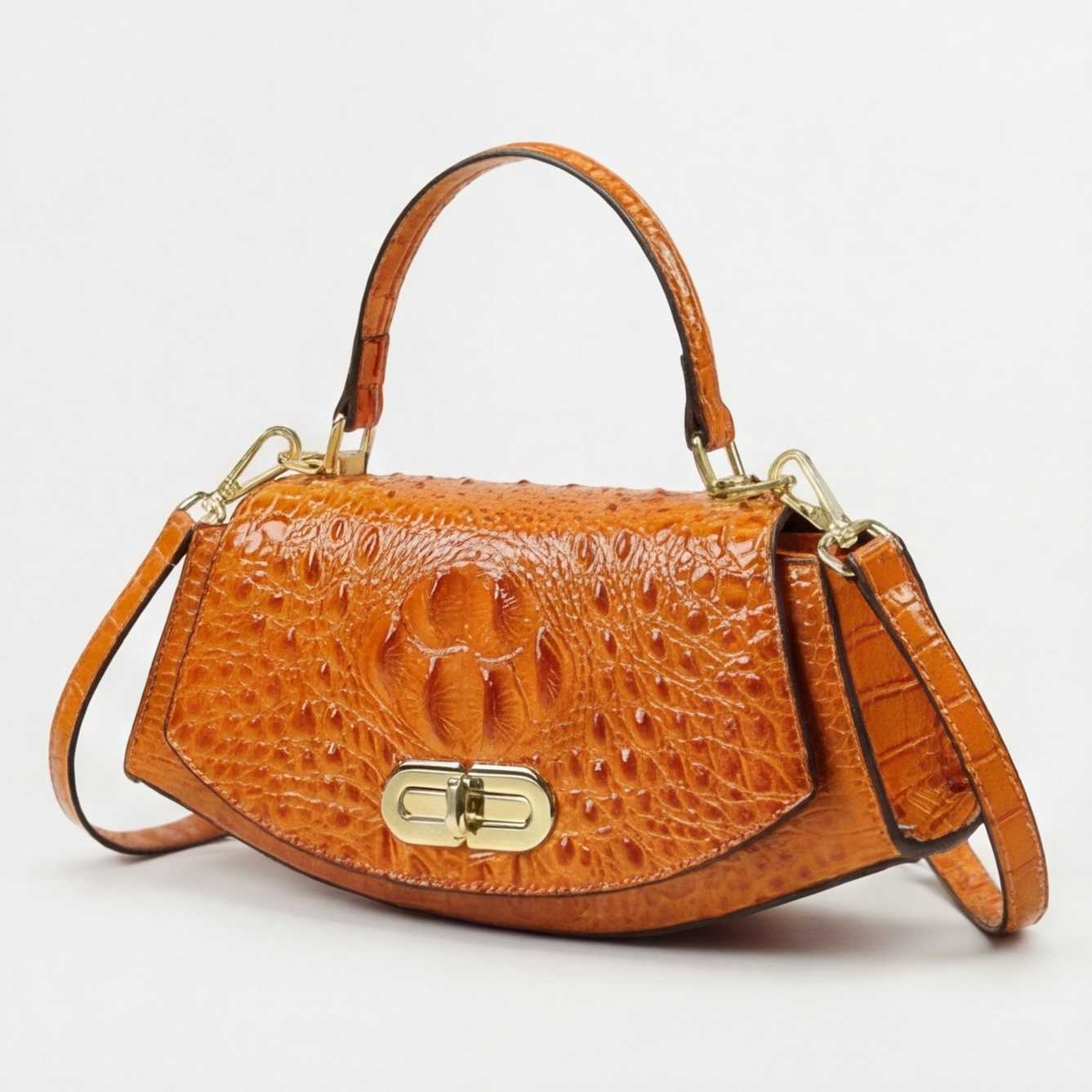 Crokky 4 Orange — Bolso de mano estilo saddle con bandolera en piel vegana efecto cocodrilo