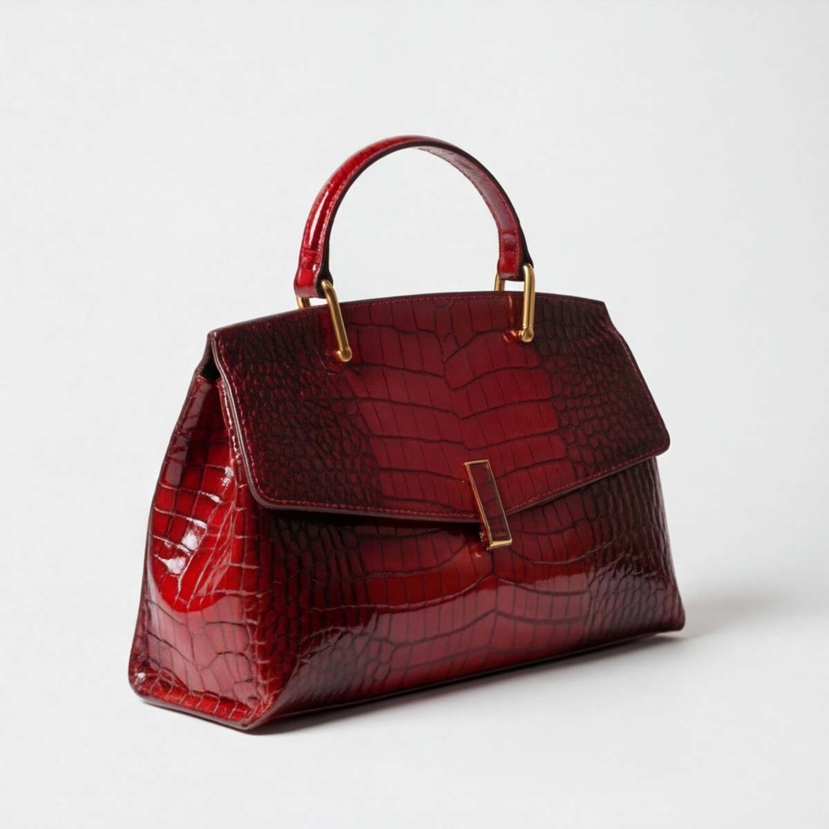 Crokky 2 Red — Bolso de mano de piel genuina con grabado de cocodrilo y bandolera