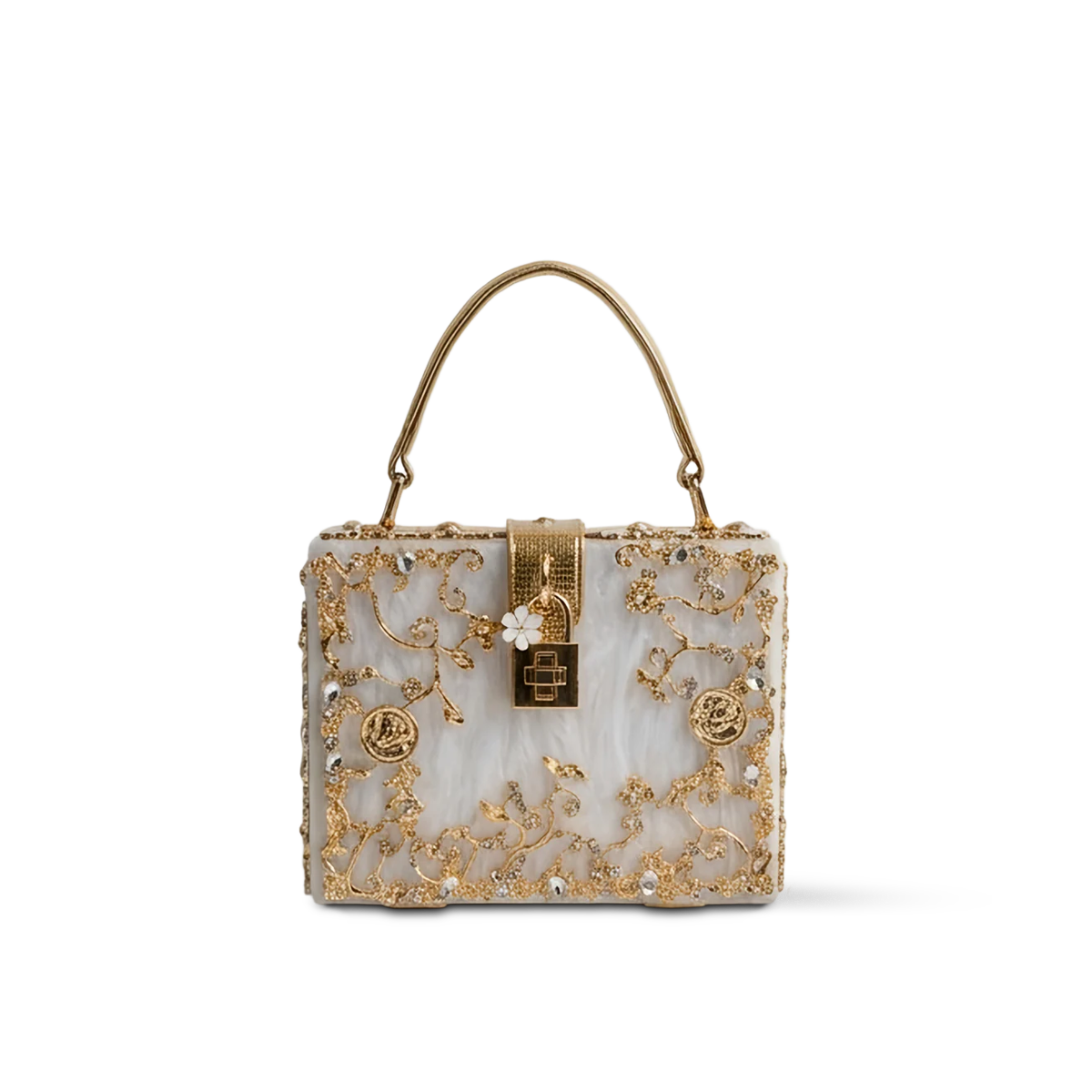 Blossom 1 White — Baroque-Style Box Clutch Bag with Top Handle — Color=White