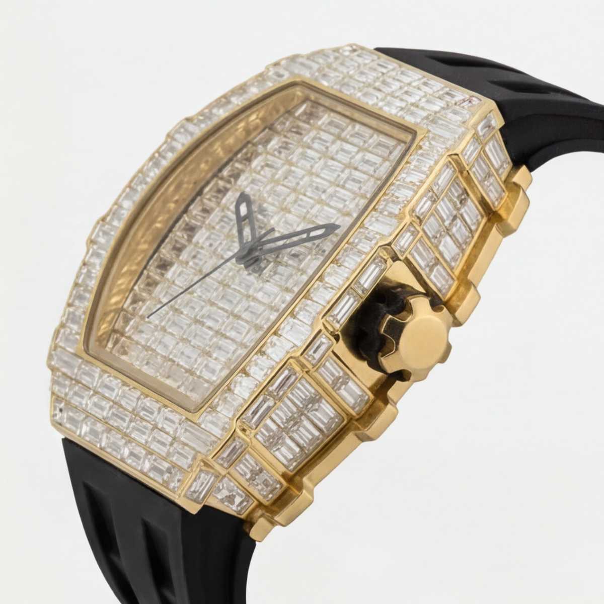 Trillionaire Watch 3 Gold — Orologio al quarzo da uomo tonneau con cristalli taglio baguette e cinturino in gomma