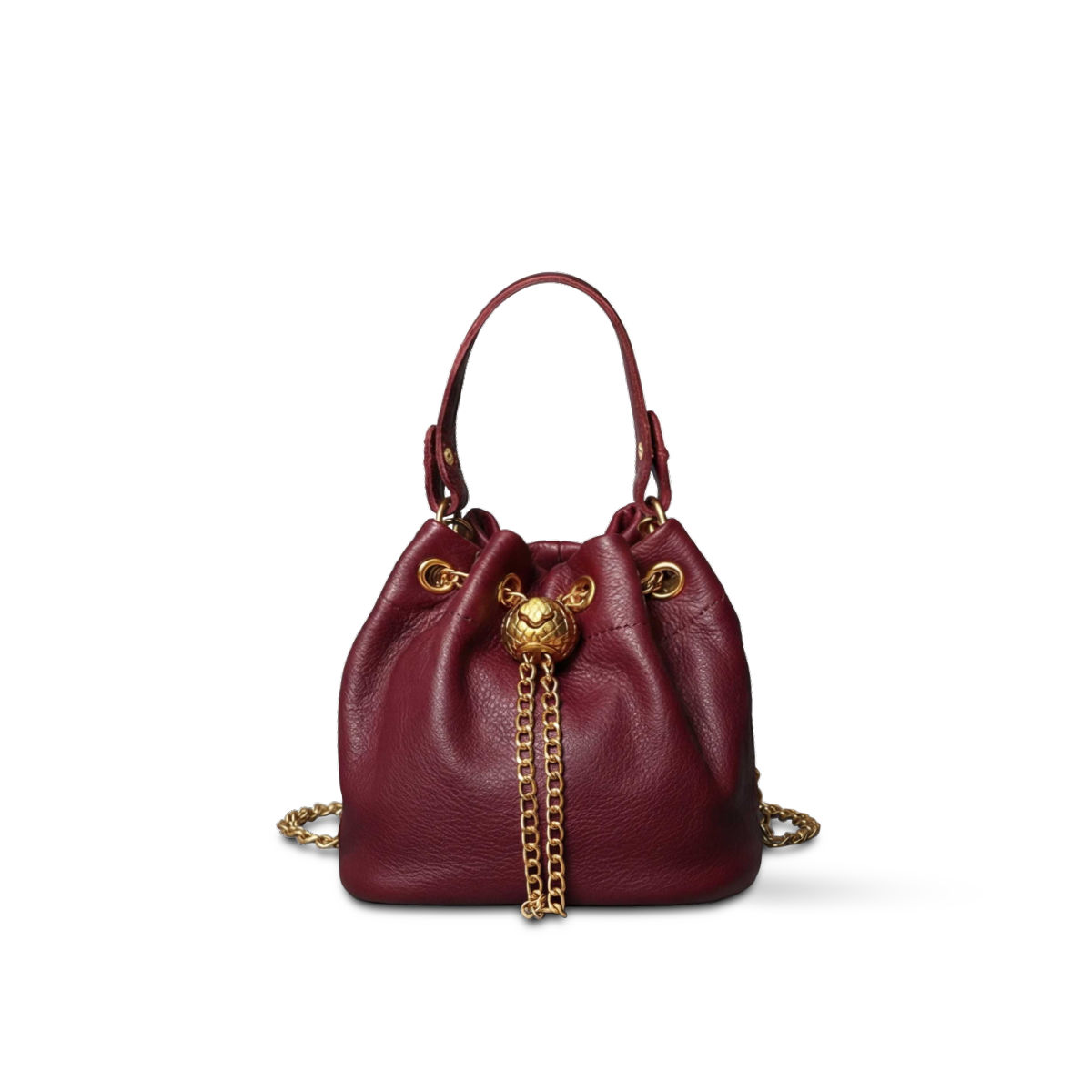Prysm 1 Burgundy — Genuine Leather Chain Strap Bucket Bag — Color=Burgundy