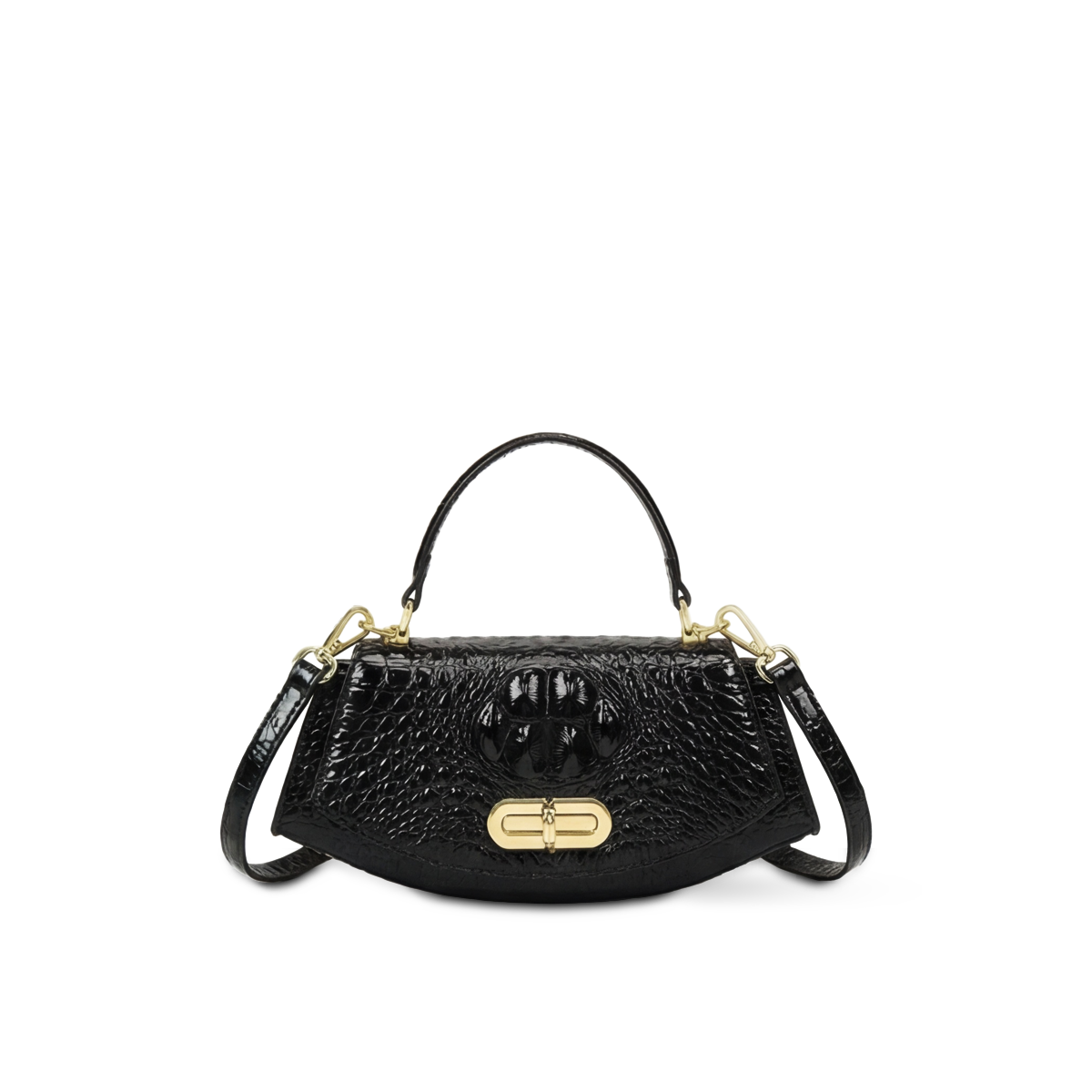 Crokky 4 Black — Croc-Embossed Vegan Leather Saddle Crossbody Bag — Color=Black