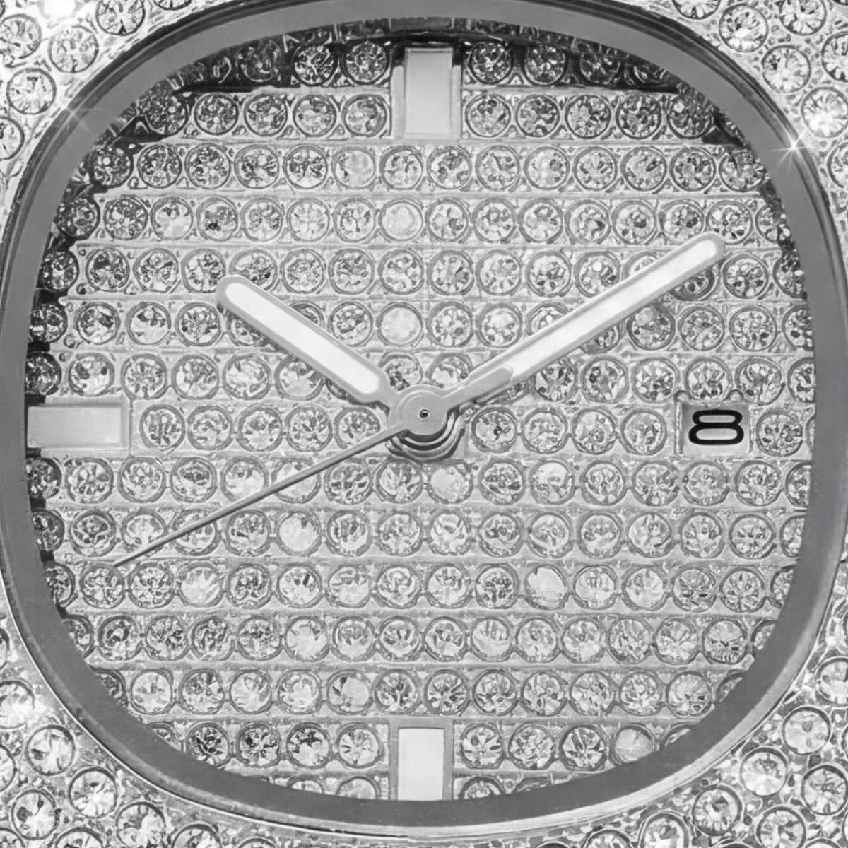 Trillionaire Watch 1 Silver — Męski zegarek kwarcowy ze stali nierdzewnej z pełnym zdobieniem pavé i datownikiem