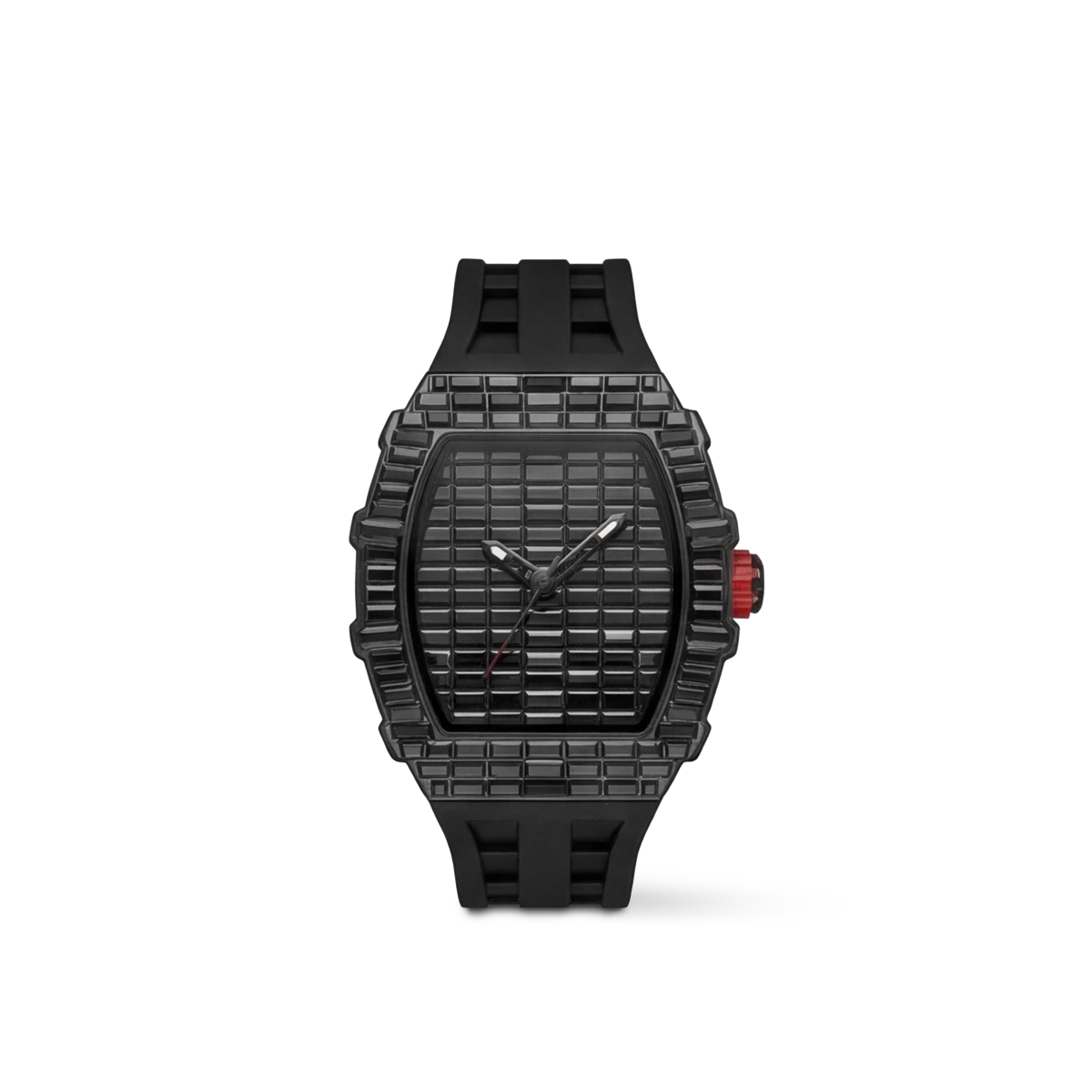 Trillionaire Watch 3 Black — Men's Tonneau Baguette Crystal Quartz Watch with Rubber Strap — Color=Black