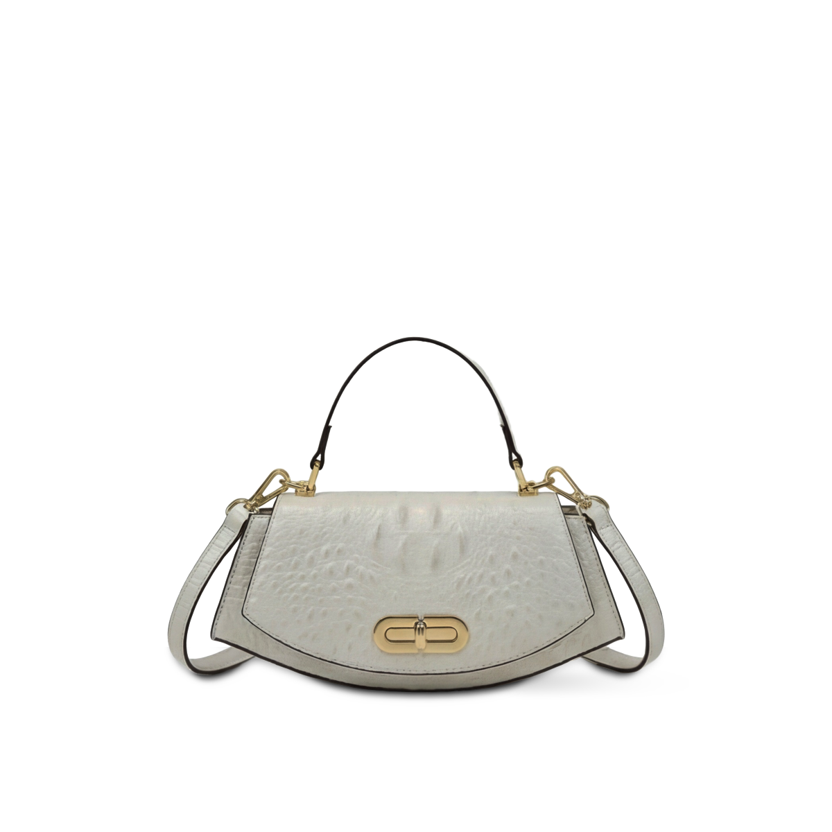 Crokky 4 White — Croc-Embossed Vegan Leather Saddle Crossbody Bag — Color=White