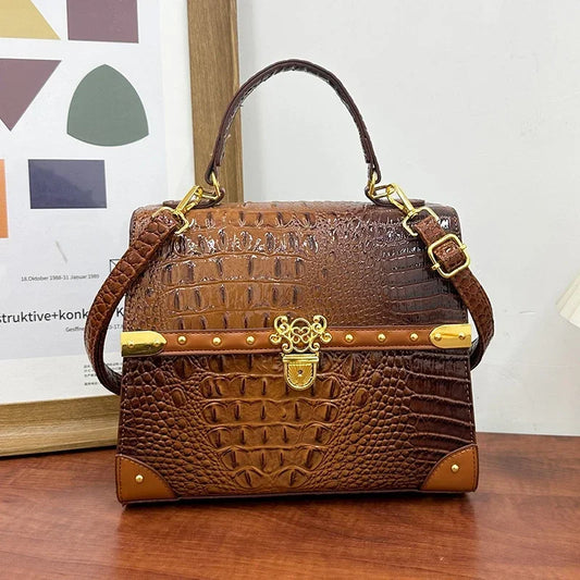 Heritage Luxe Bag – Taupe Crocodile-Embossed Handbag with Gold Hardware