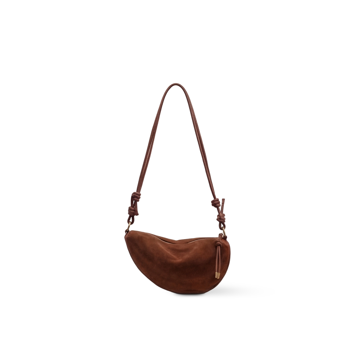 Suedy-L 1 Coffee — Knotted Strap Suede-Like Vegan Leather Crossbody Hobo Bag — Color=Coffee