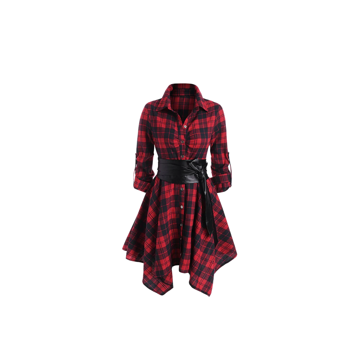 S60 R — Long-Sleeve Red Tartan Belted Midi Dress — Color=Burgundy / Size=M