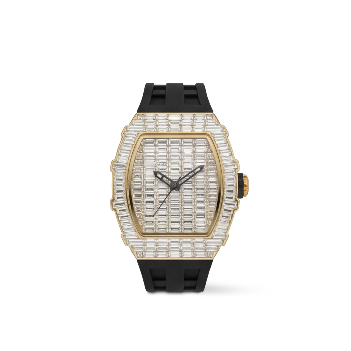 Trillionaire Watch 3 Gold — Men's Tonneau Baguette Crystal Quartz Watch with Rubber Strap — Color=Gold Black