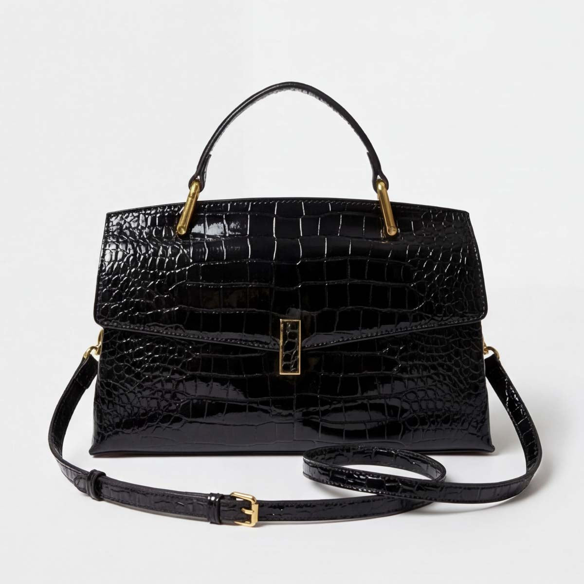 Crokky 2 Black — 真皮鱷魚壓紋手提斜背包