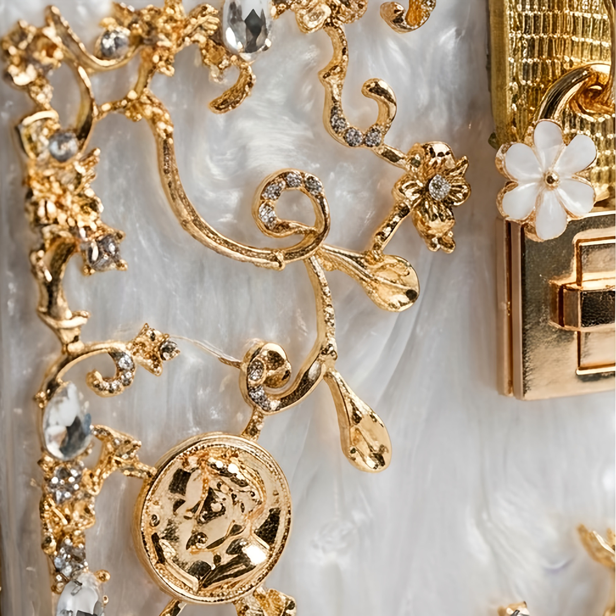 Blossom 1 White — Baroque-Style Box Clutch Bag with Top Handle