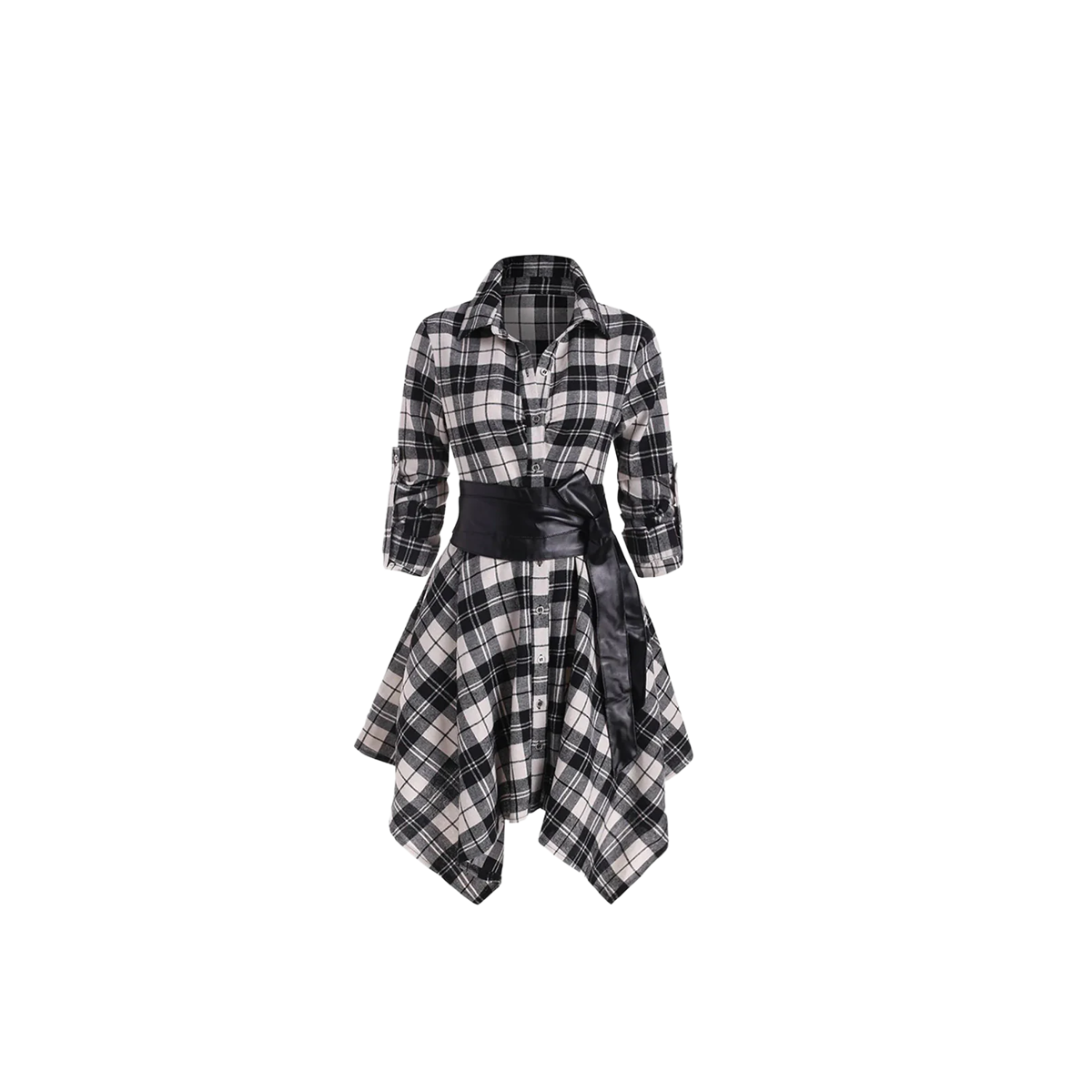 S60 B — Long-Sleeve Black Tartan Belted Midi Dress — Color=Black / Size=S