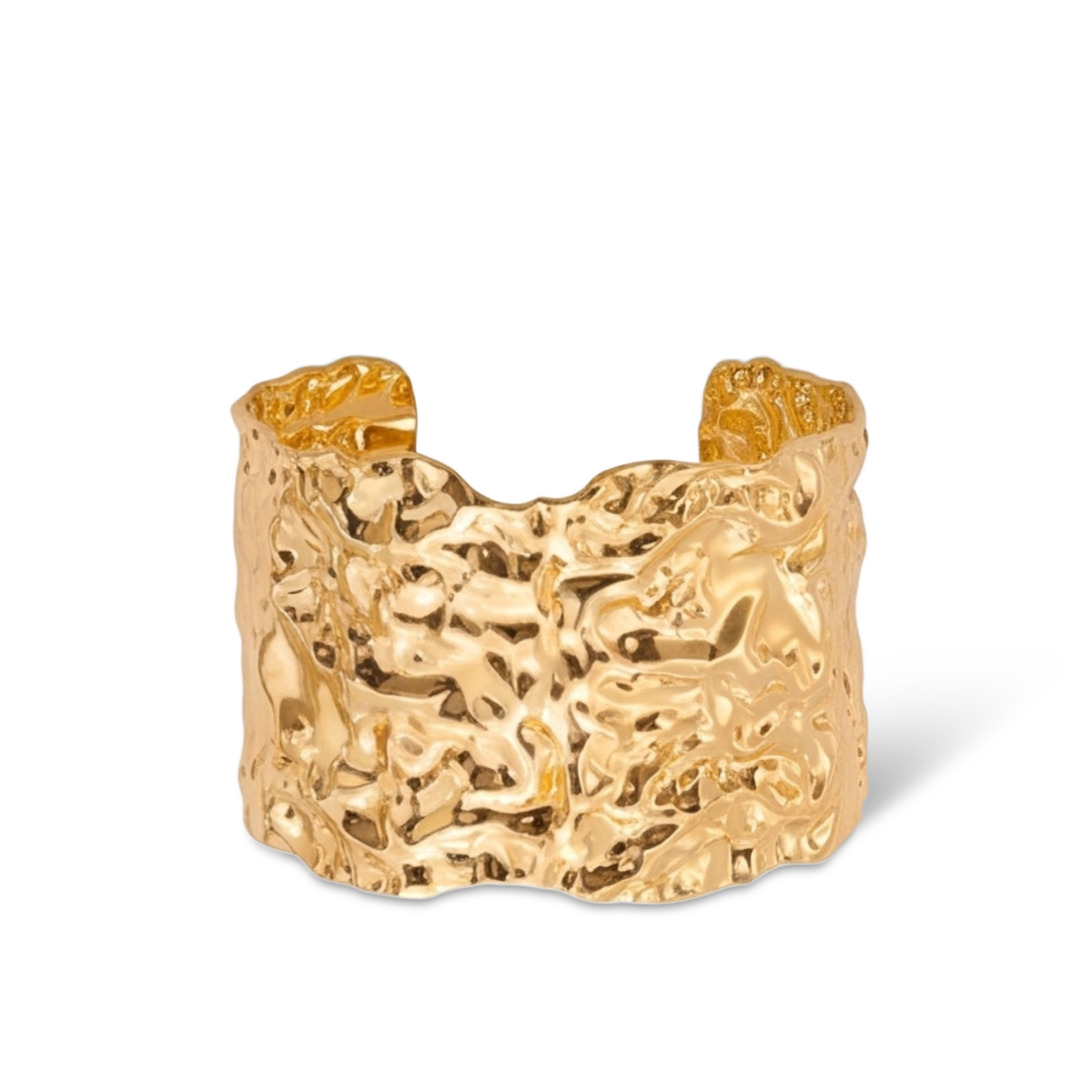 Wide gold-tone open cuff bracelet with raised irregular front texture
