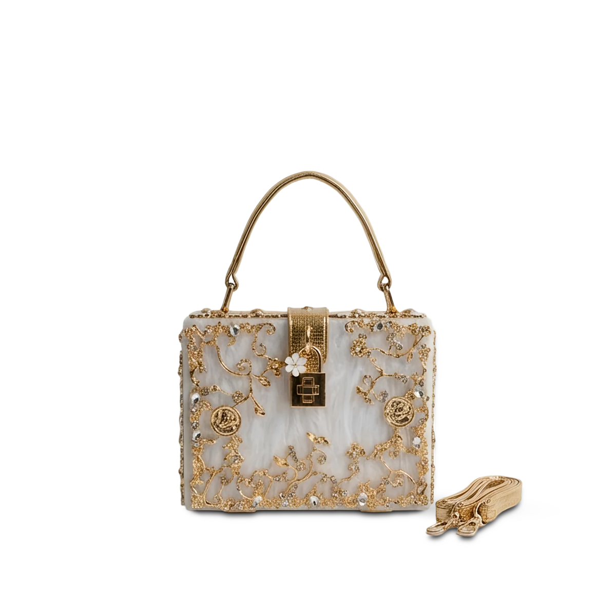 Blossom 1 White — Baroque-Style Box Clutch Bag with Top Handle — (nessuna)