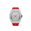 Trillionaire Watch 3 Silver — Men's Tonneau Baguette Crystal Quartz Watch with Red Rubber Strap