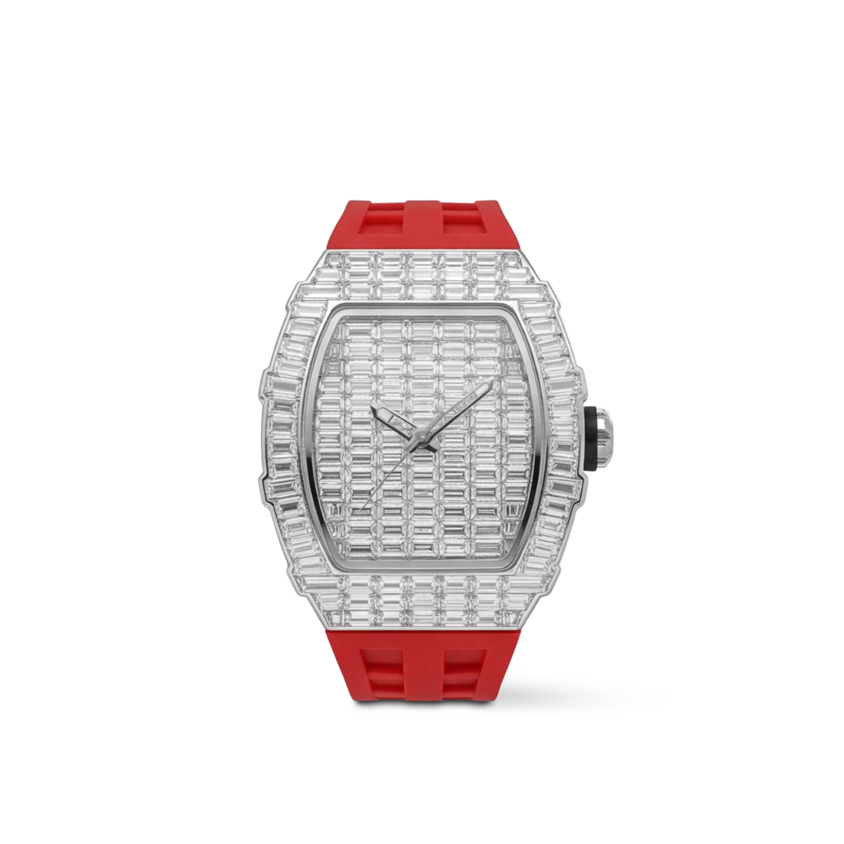 Trillionaire Watch 3 Silver — Men's Tonneau Baguette Crystal Quartz Watch with Red Rubber Strap — Color=Silver Red