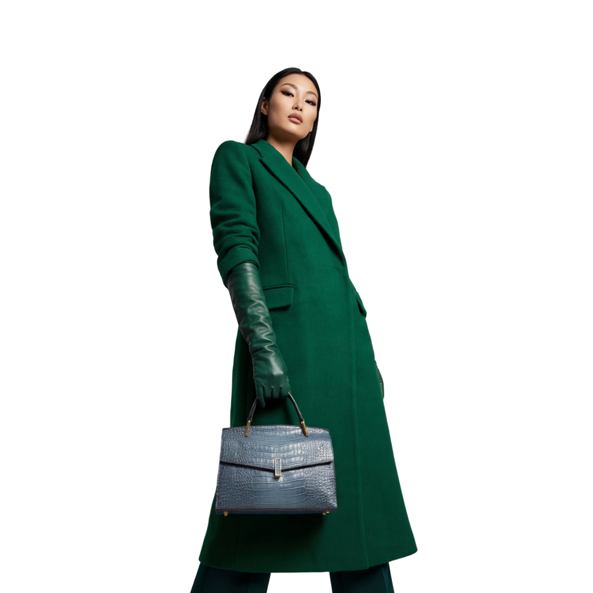 Crokky 2 Blue — 천연 가죽 악어 엠보싱 탑 핸들 크로스바디 백