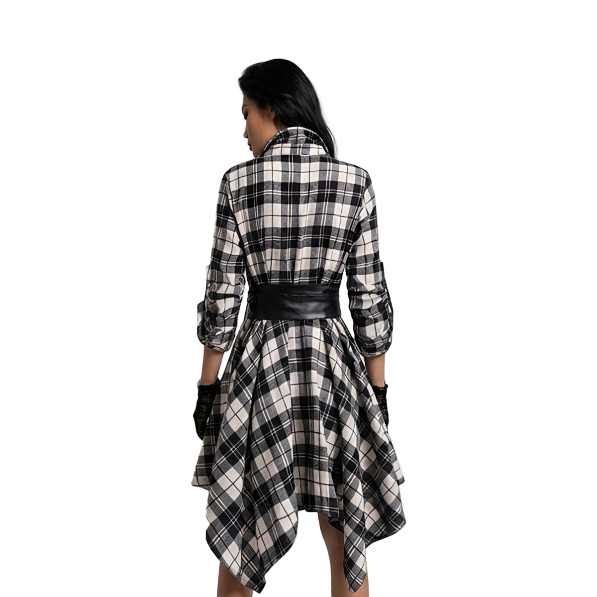 S60 B — Pitkähihainen musta ruudullinen midimekko vyöllä