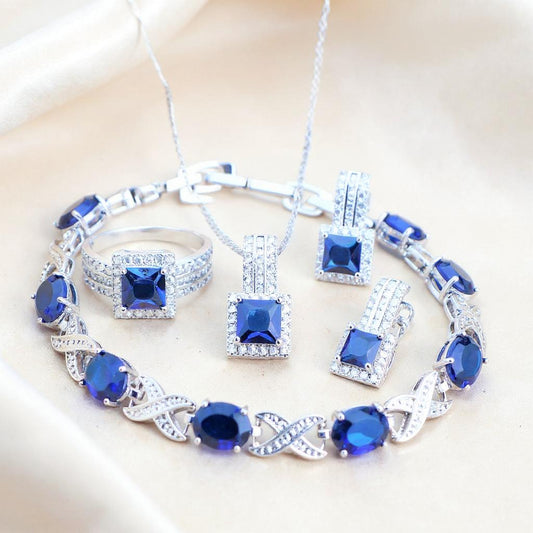 Royal Blue Elegance – 925 Sterling Silver Bridal Jewelry Set