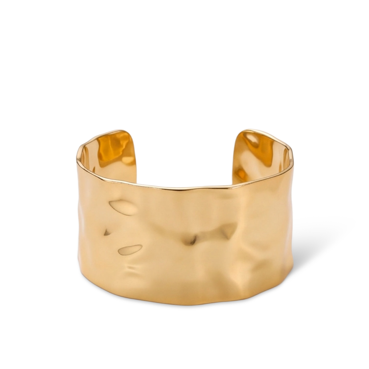 Wide gold-tone hammered open cuff bracelet shown from the front