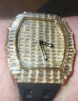 Trillionaire Watch 3 Gold — Men's Tonneau Baguette Crystal Quartz Watch with Rubber Strap · Images from those who chose this product · 1 / 6