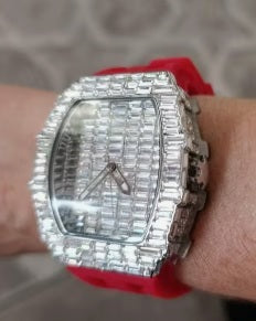Trillionaire Watch 3 Silver — Men's Tonneau Baguette Crystal Quartz Watch with Red Rubber Strap · Images from those who chose this product · 3 / 4