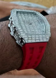 Trillionaire Watch 3 Silver — Men's Tonneau Baguette Crystal Quartz Watch with Red Rubber Strap · Images from those who chose this product · 1 / 4