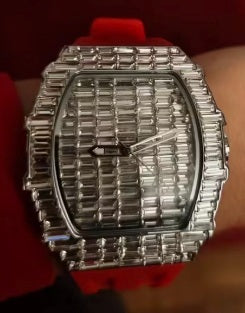 Trillionaire Watch 3 Silver — Men's Tonneau Baguette Crystal Quartz Watch with Red Rubber Strap · Images from those who chose this product · 4 / 4