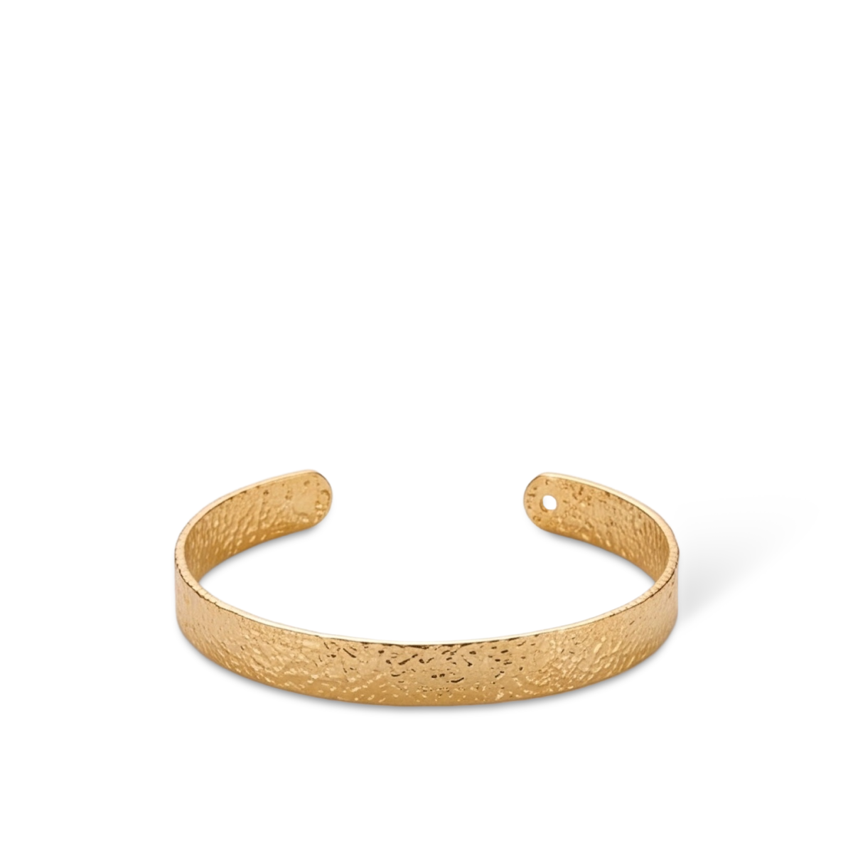 Slim gold-tone textured open cuff bracelet shown from the front